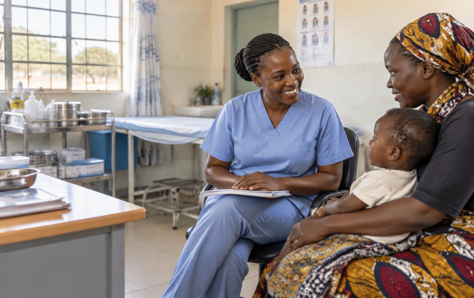 Healthcare worker speaking with a mother and child in a clinic